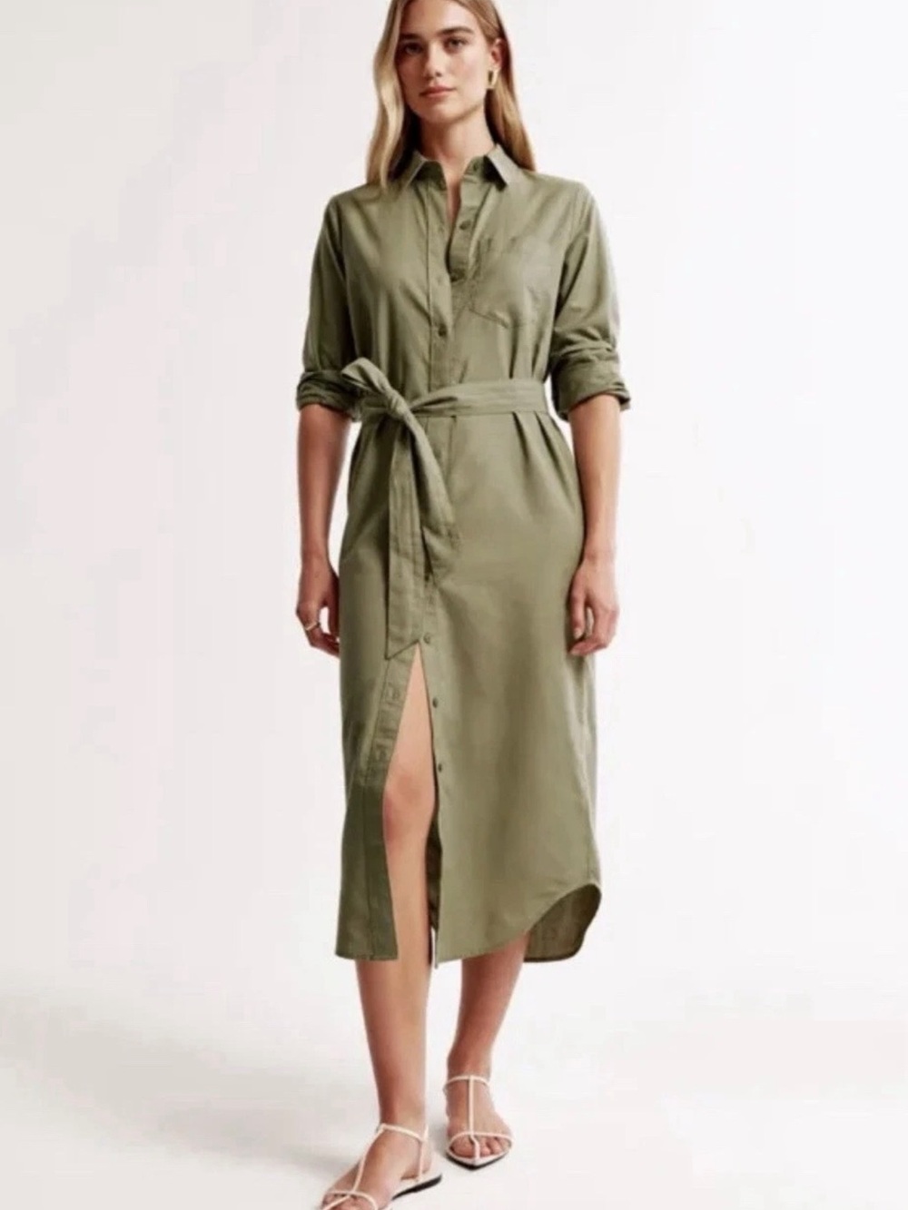 Abercrombie & fitch Olive Green Shirt Dress with Tie Waist or cardigan jacket S